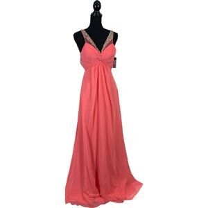 Faviana Beaded Chiffon Gown SIZE 0 Peach Formal Prom Pagent Rhinestone $395 NEW